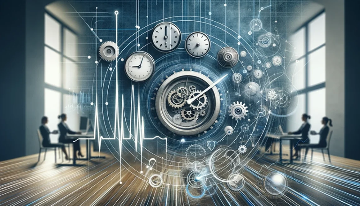 DALL·E 2024-05-22 09.15.33 - A conceptual representation of an operating rhythm in a business setting. The image should feature abstract elements such as interconnected gears, flo